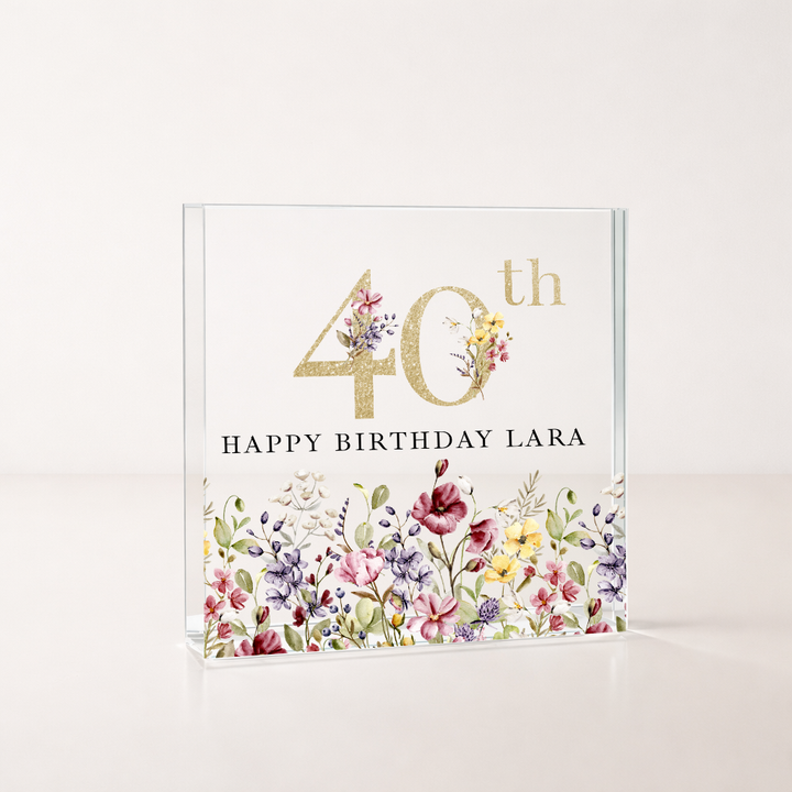 Personalised Acrylic Block Wild Flower 40th Birthday Gift