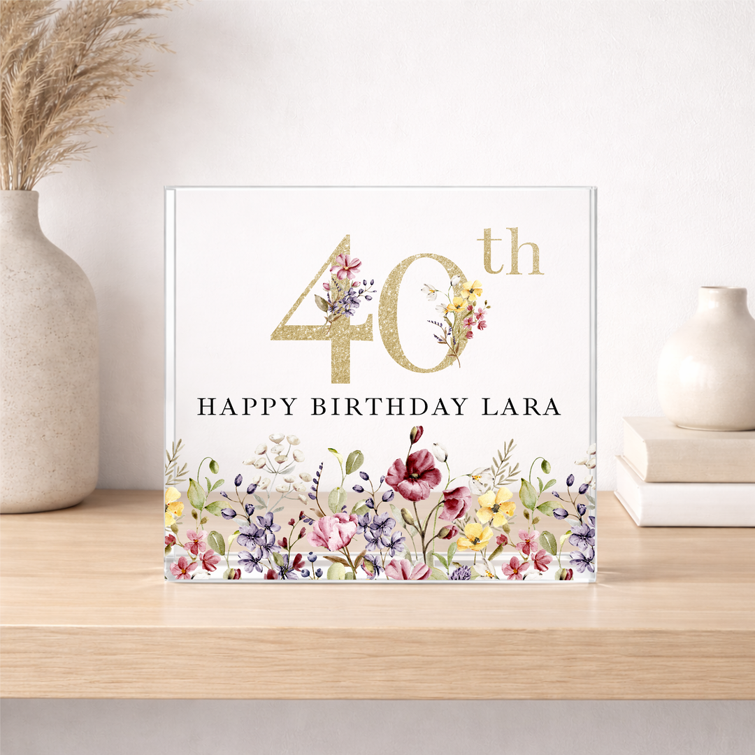Personalised Acrylic Block Wild Flower 40th Birthday Gift