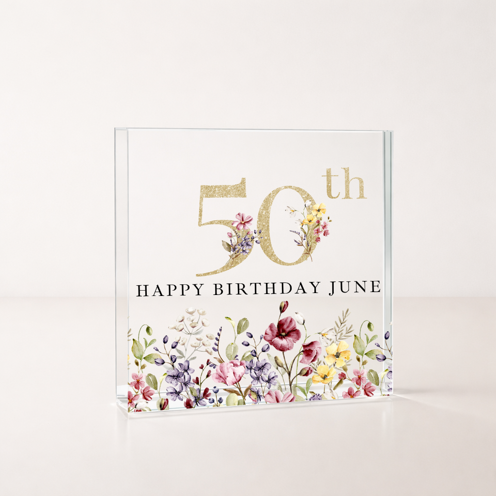 Personalised Acrylic Block Wild Flower 50th Birthday Gift