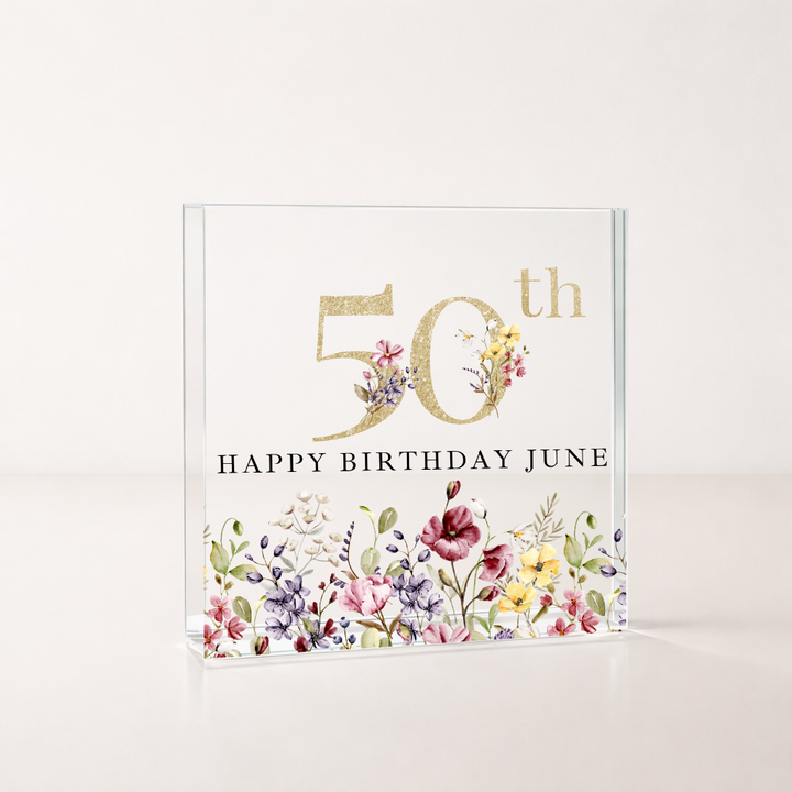 Personalised Acrylic Block Wild Flower 50th Birthday Gift