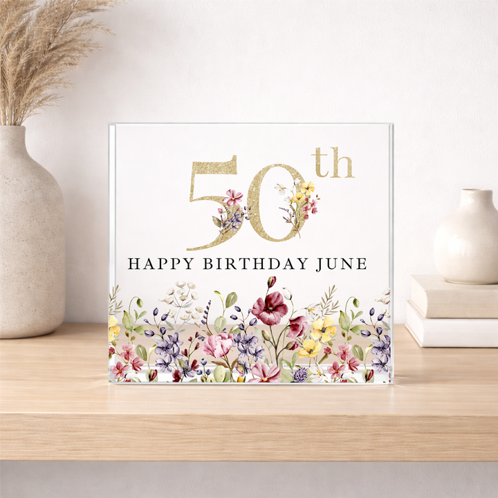 Personalised Acrylic Block Wild Flower 50th Birthday Gift