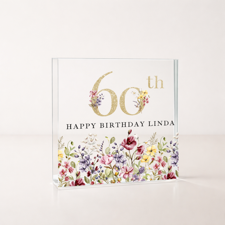 Personalised Wild Flower Acrylic Block 60th Birthday Gift