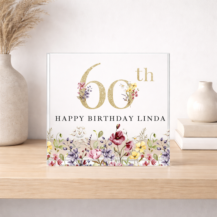 Personalised Wild Flower Acrylic Block 60th Birthday Gift