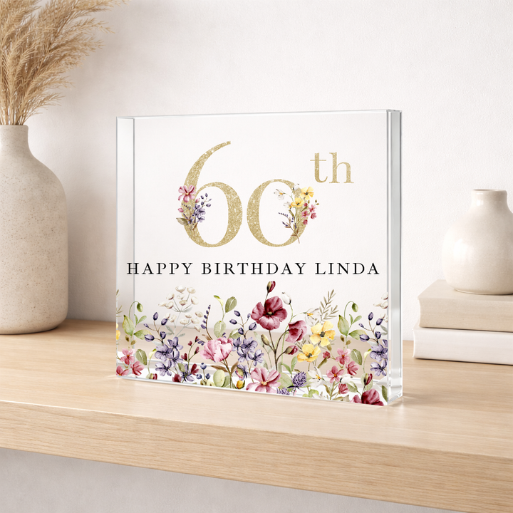 Personalised Wild Flower Acrylic Block 60th Birthday Gift
