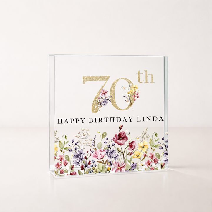 Personalised Wild Flower Acrylic Block 70th Birthday Gift