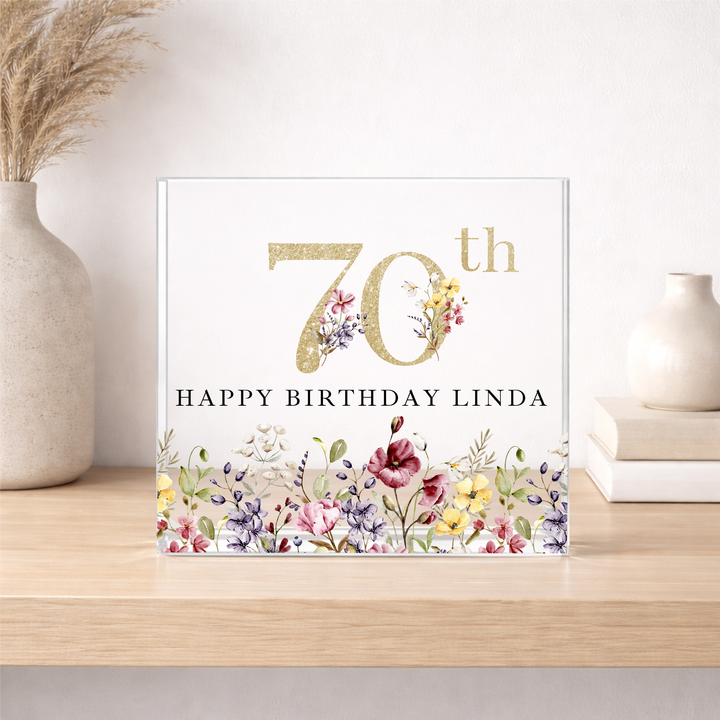 Personalised Wild Flower Acrylic Block 70th Birthday Gift