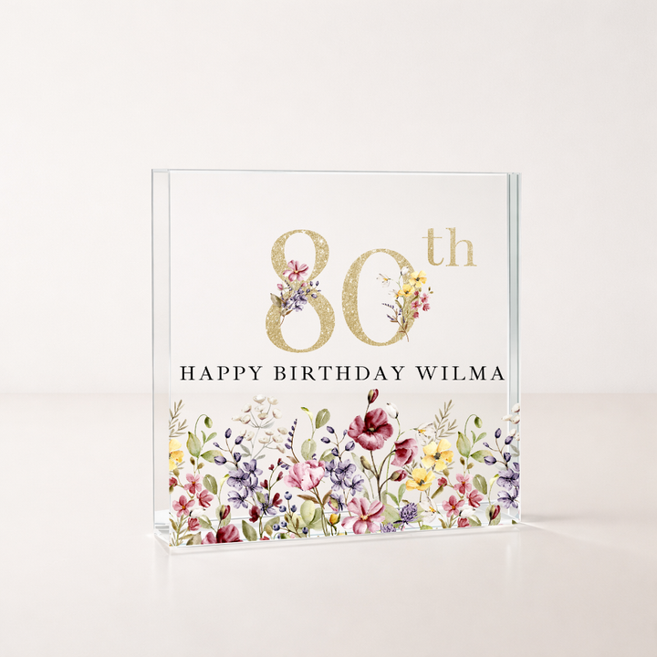 Personalised Wild Flower Acrylic Block 80th Birthday Gift