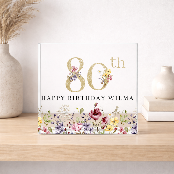 Personalised Wild Flower Acrylic Block 80th Birthday Gift