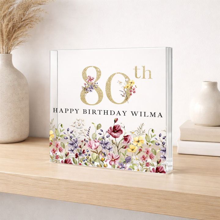 Personalised Wild Flower Acrylic Block 80th Birthday Gift