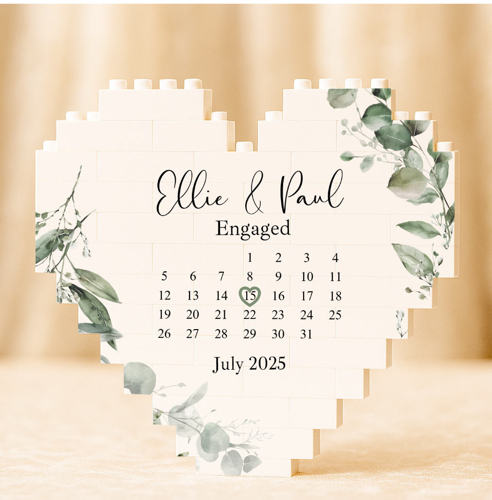 Personalised Green Floral Engagement Date Building Blocks