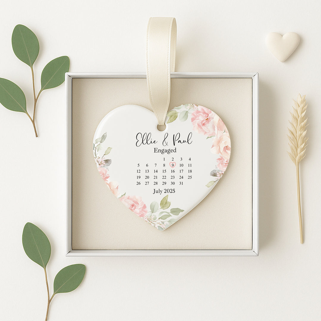 Personalised Pink Floral Heart Engagement Date Gift Ornament