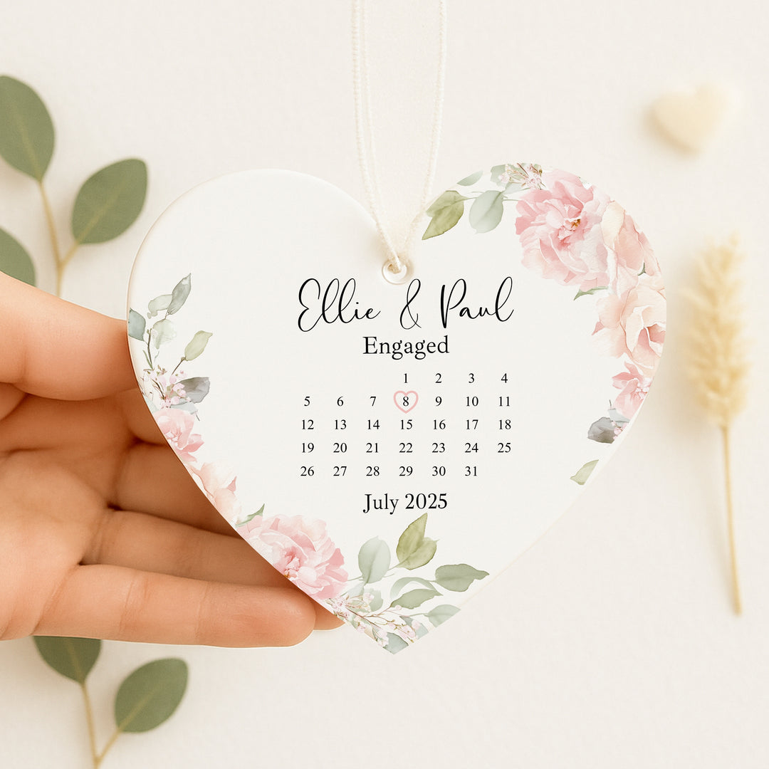 Personalised Pink Floral Heart Engagement Date Gift Ornament