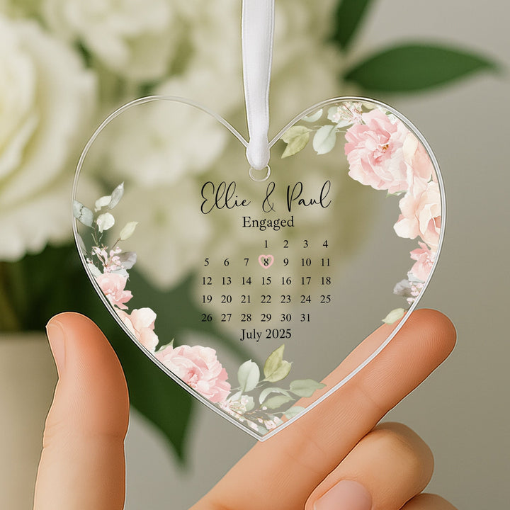 Personalised Pink Floral Heart Engagement Date Gift Ornament
