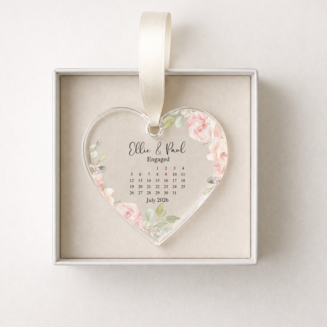 Personalised Pink Floral Heart Engagement Date Gift Ornament