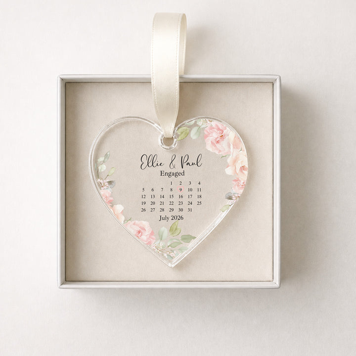 Personalised Pink Floral Heart Engagement Date Gift Ornament