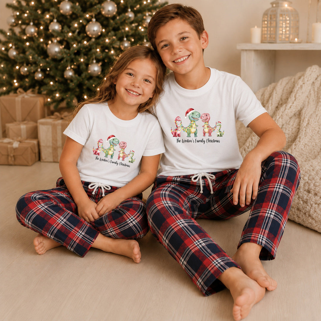 Personalised Family Matching Tartan Dinosaur Christmas Pyjamas