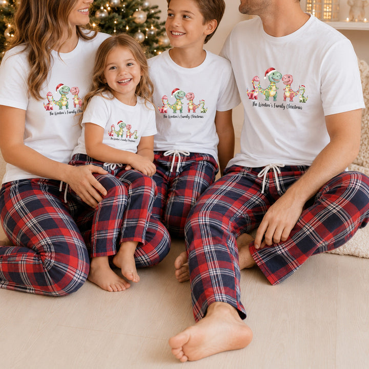 Personalised Family Matching Tartan Dinosaur Christmas Pyjamas
