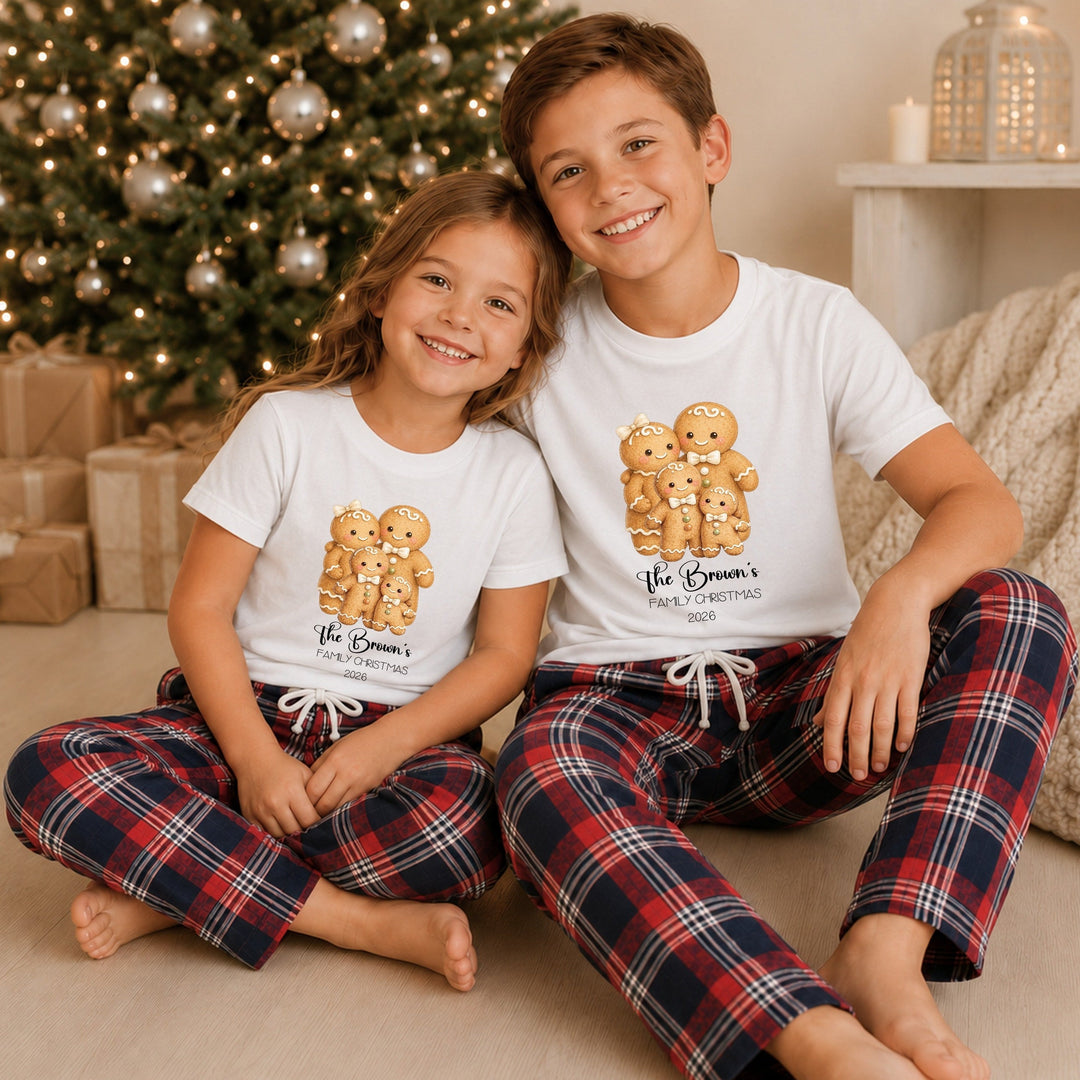 Personalised Gingerbread Family Matching Tartan Christmas Pyjamas