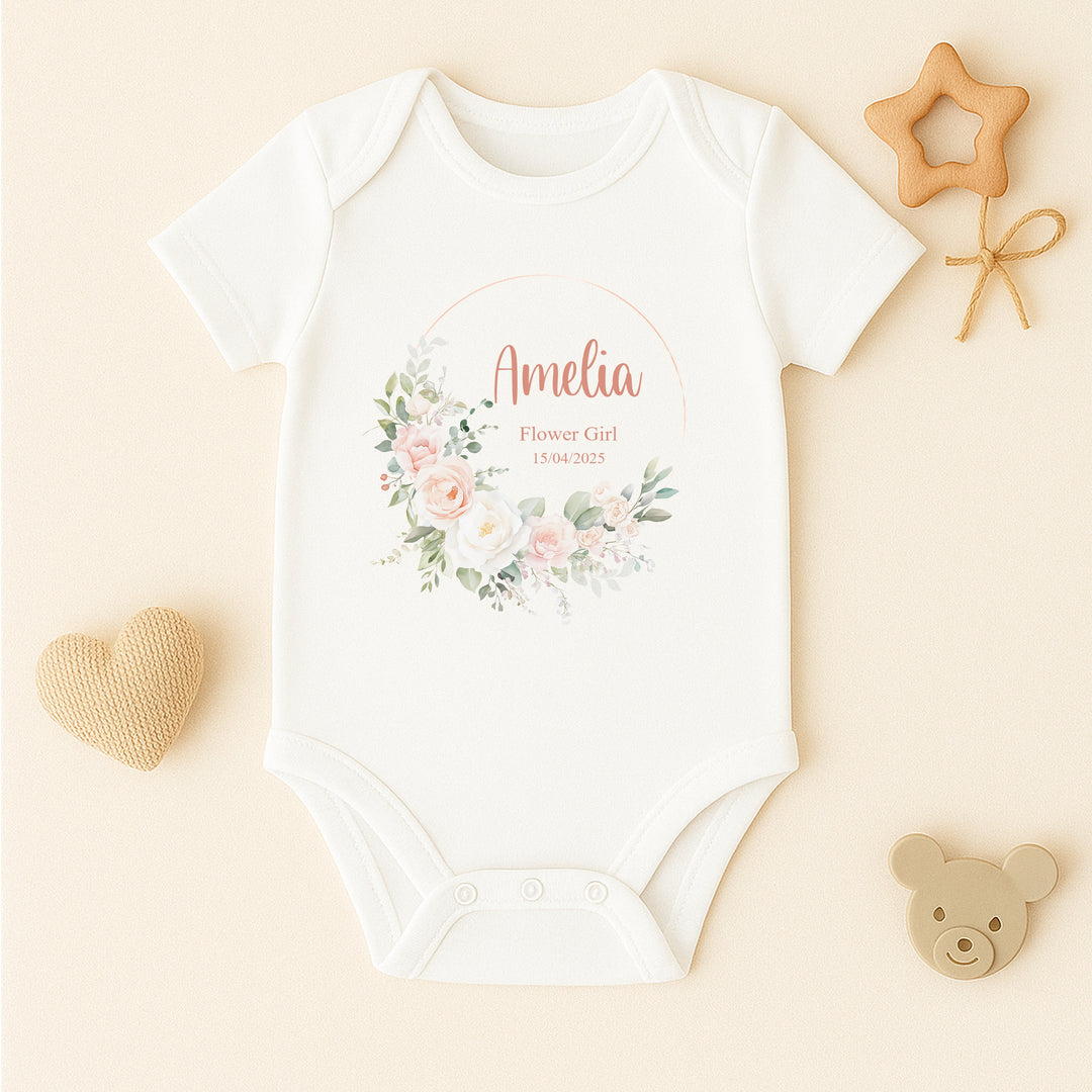 Personalised Pink Floral Wreath Flower Girl T-Shirt or Baby Vest