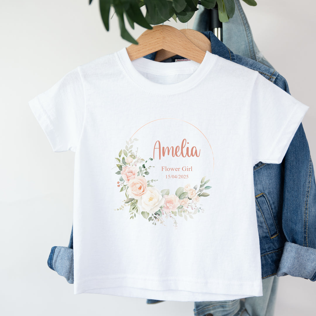 Personalised Pink Floral Wreath Flower Girl T-Shirt or Baby Vest