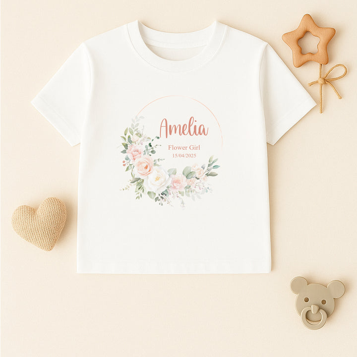 Personalised Pink Floral Wreath Flower Girl T-Shirt or Baby Vest