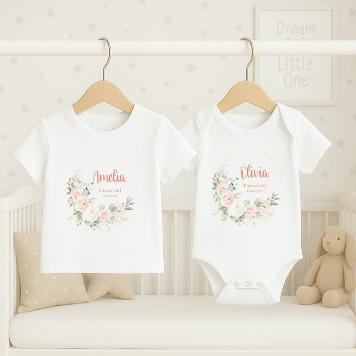 Personalised Pink Floral Wreath Flower Girl T-Shirt or Baby Vest