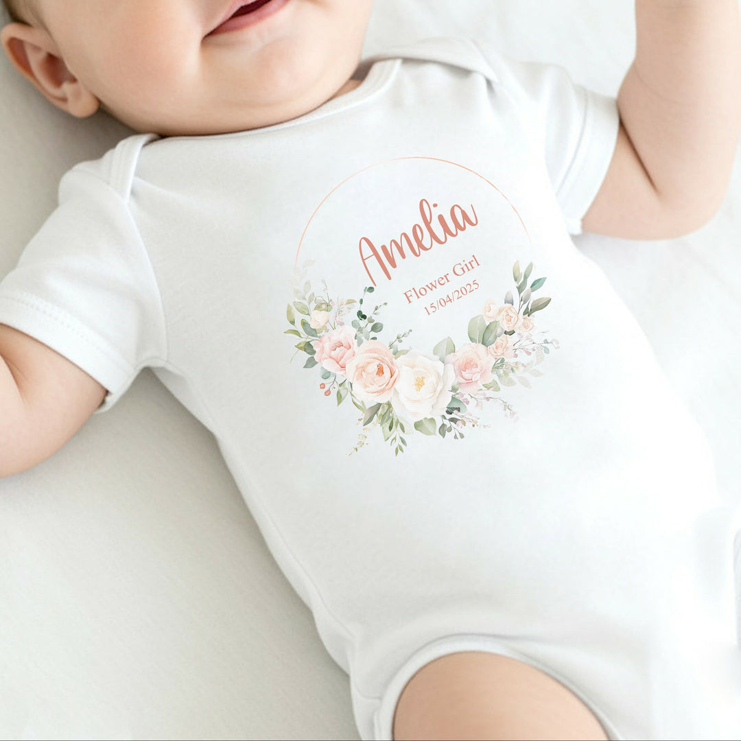 Personalised Pink Floral Wreath Flower Girl T-Shirt or Baby Vest