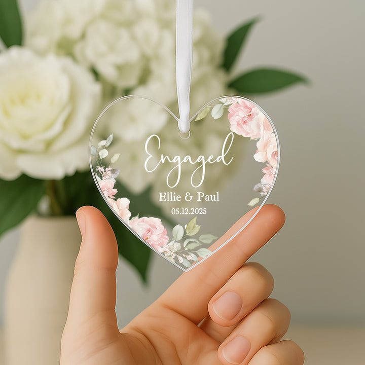 Personalised Pink Floral Heart Engagement Gift Ornament