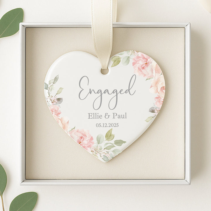 Personalised Pink Floral Heart Engagement Gift Ornament