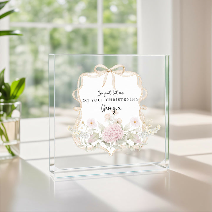 Personalised Acrylic Block Gold Floral Bow Christening Gift