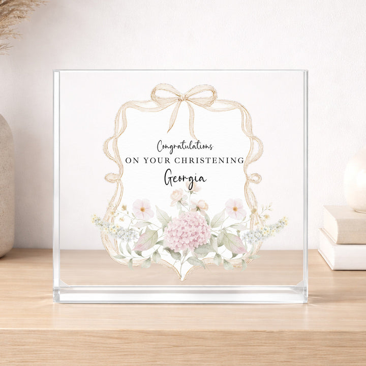 Personalised Acrylic Block Gold Floral Bow Christening Gift