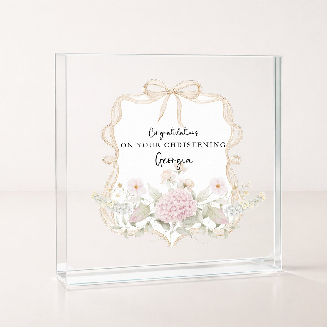 Personalised Acrylic Block Gold Floral Bow Christening Gift