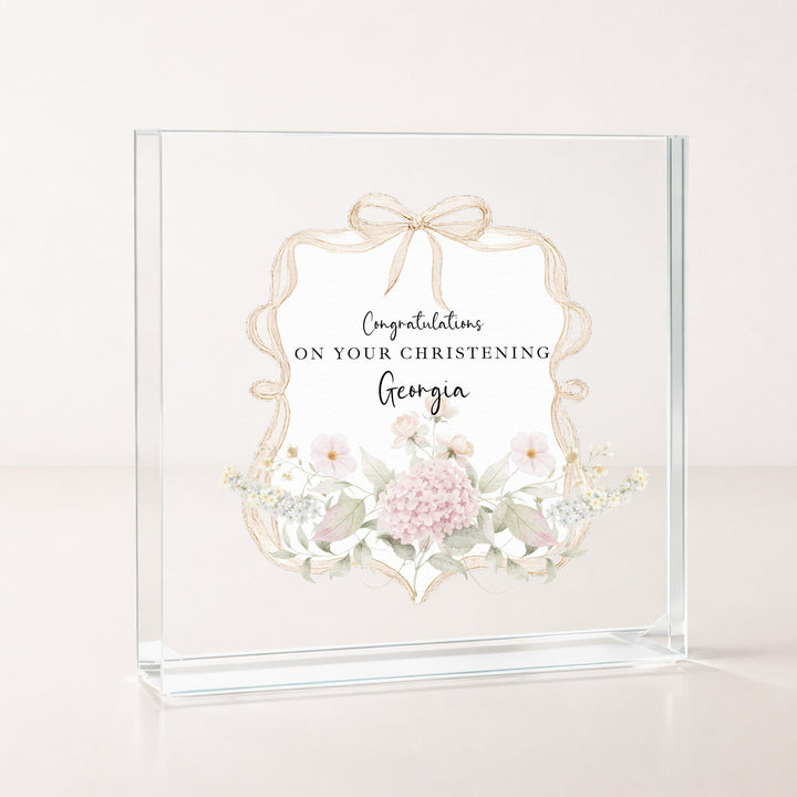 Personalised Acrylic Block Gold Floral Bow Christening Gift