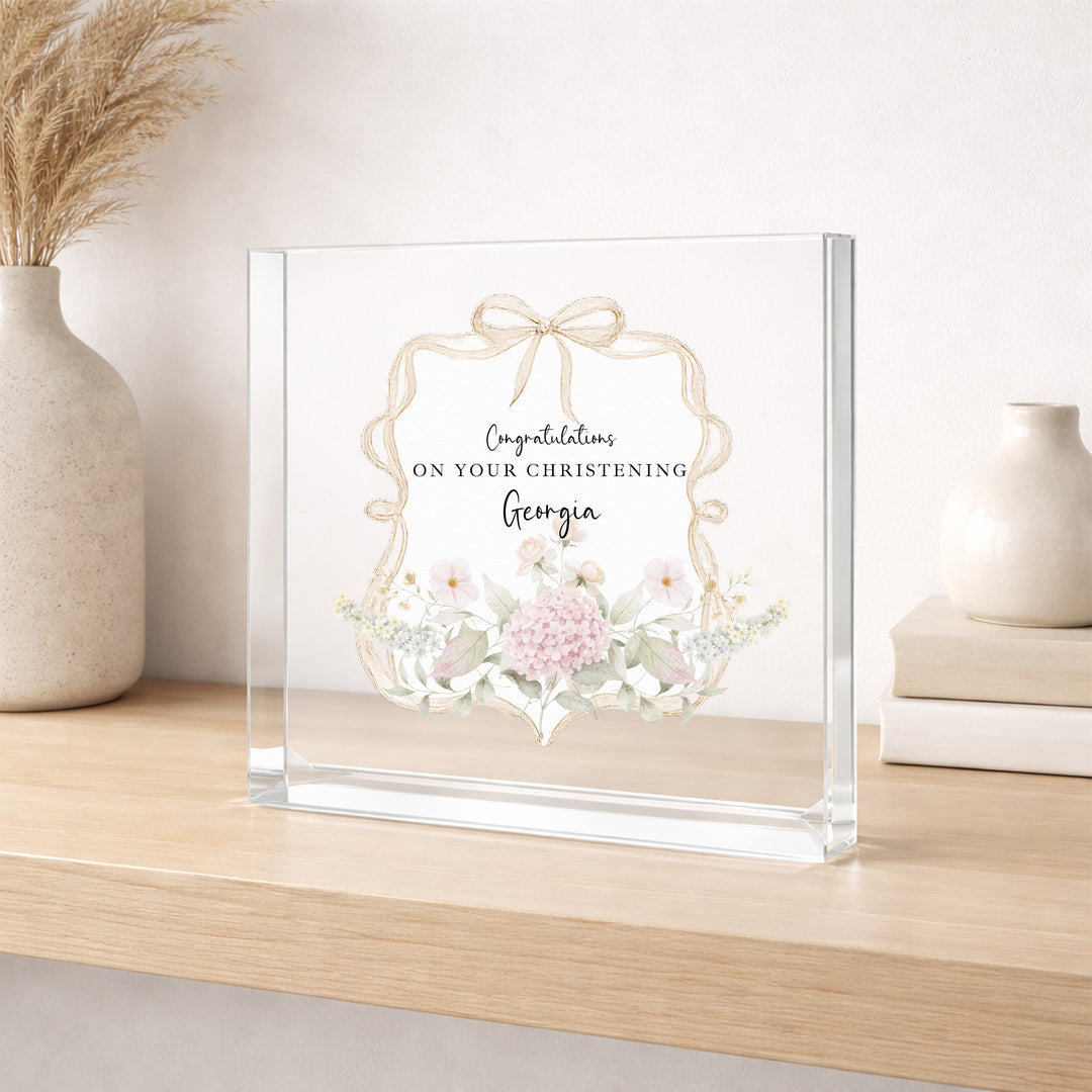 Personalised Acrylic Block Gold Floral Bow Christening Gift
