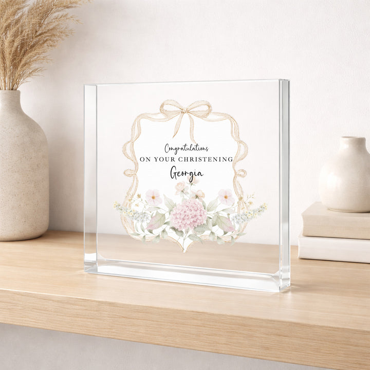 Personalised Acrylic Block Gold Floral Bow Christening Gift