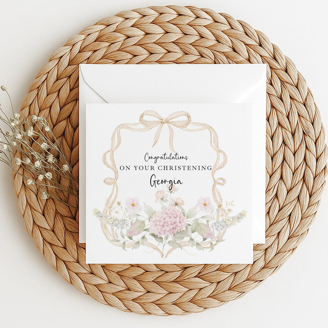 Personalised Gold Floral Bow On Your Christening Day Card