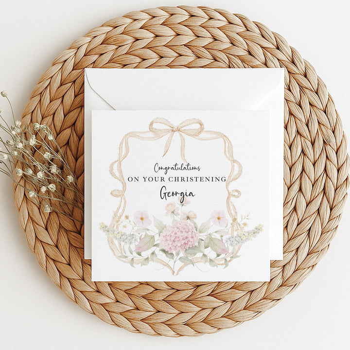 Personalised Gold Floral Bow On Your Christening Day Card