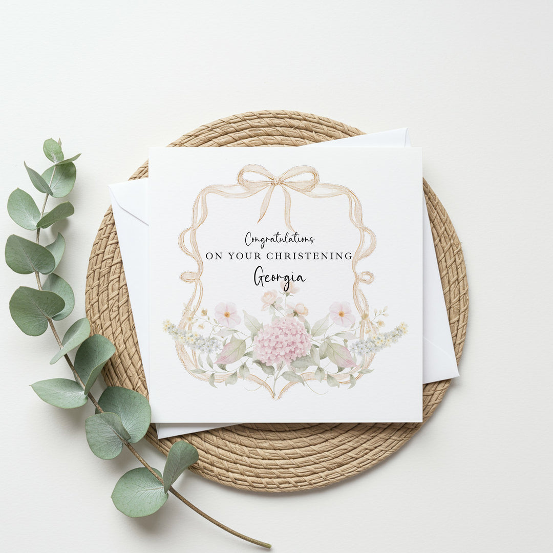 Personalised Gold Floral Bow On Your Christening Day Card