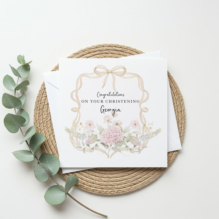Personalised Gold Floral Bow On Your Christening Day Card