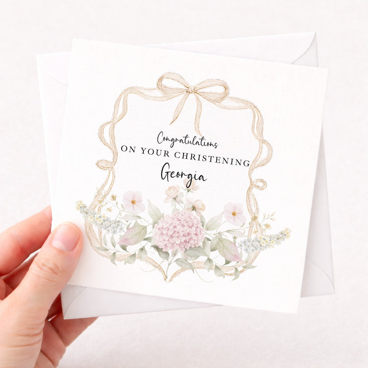 Personalised Gold Floral Bow On Your Christening Day Card