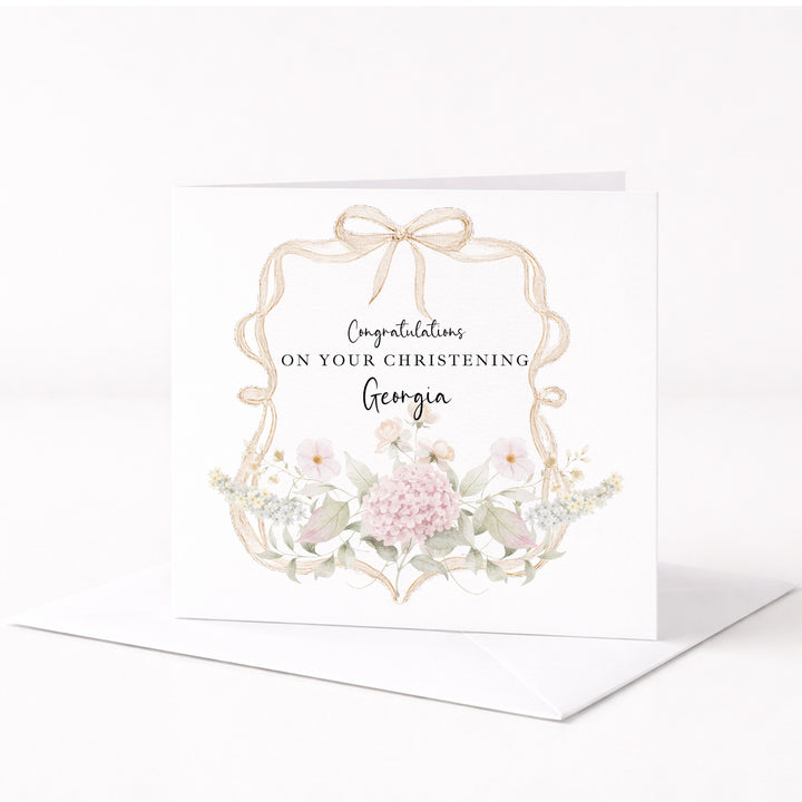 Personalised Gold Floral Bow On Your Christening Day Card