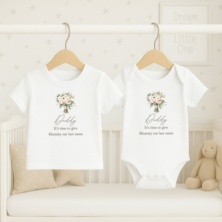 Pink Bouquet Time To Give Mummy Our Last Name Kids T-Shirt or Baby Vest