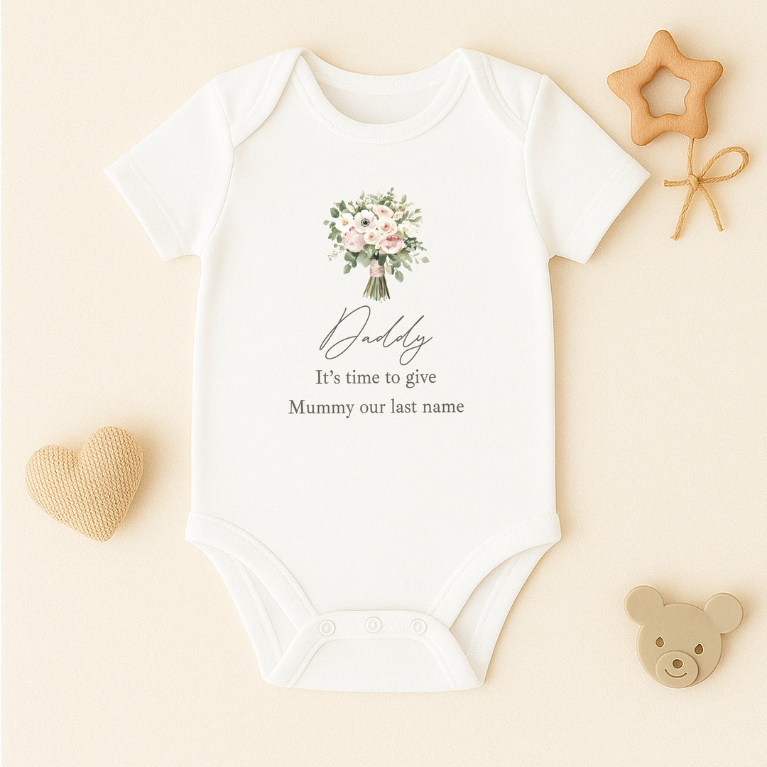 Pink Bouquet Time To Give Mummy Our Last Name Kids T-Shirt or Baby Vest