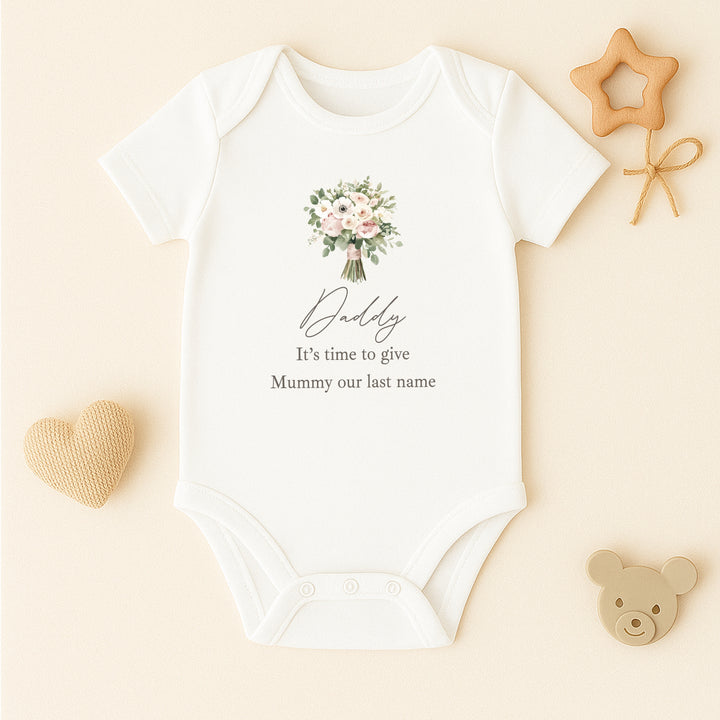 Pink Bouquet Time To Give Mummy Our Last Name Kids T-Shirt or Baby Vest