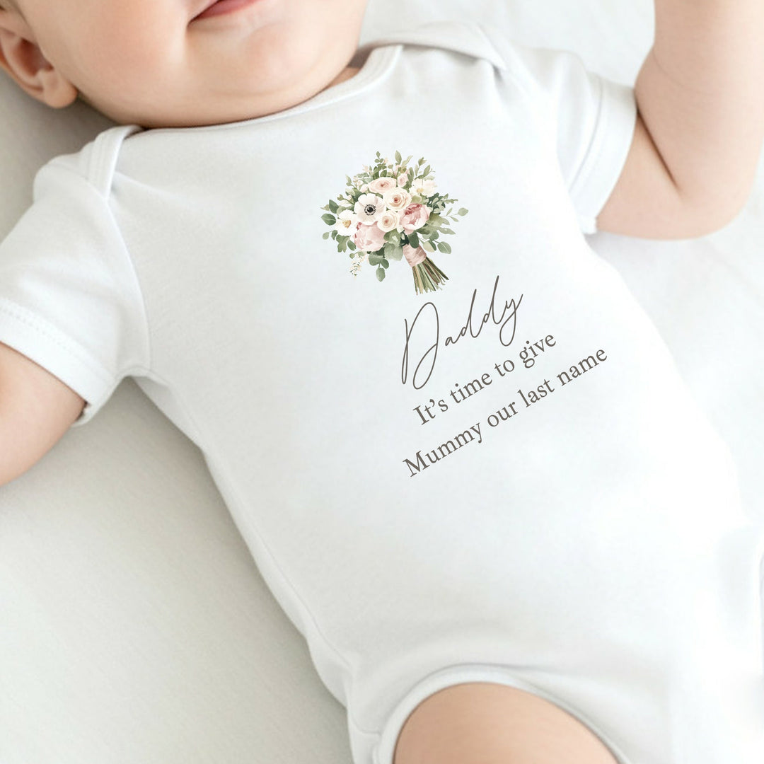 Pink Bouquet Time To Give Mummy Our Last Name Kids T-Shirt or Baby Vest