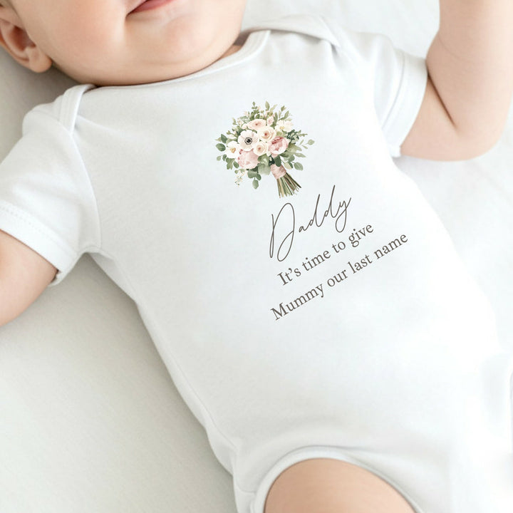 Pink Bouquet Time To Give Mummy Our Last Name Kids T-Shirt or Baby Vest