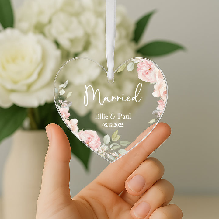 Personalised Pink Floral Heart Just Married Gift Ornament