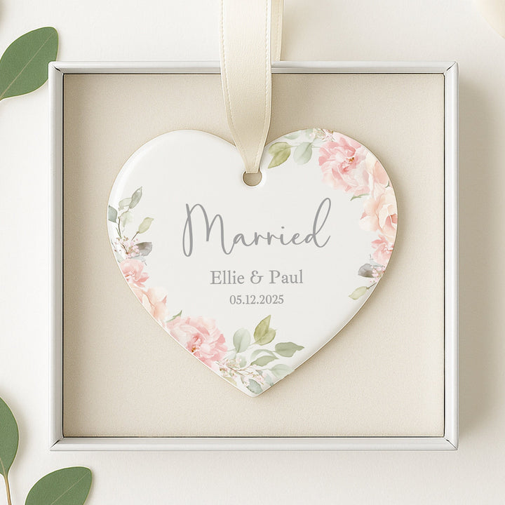 Personalised Pink Floral Heart Just Married Gift Ornament