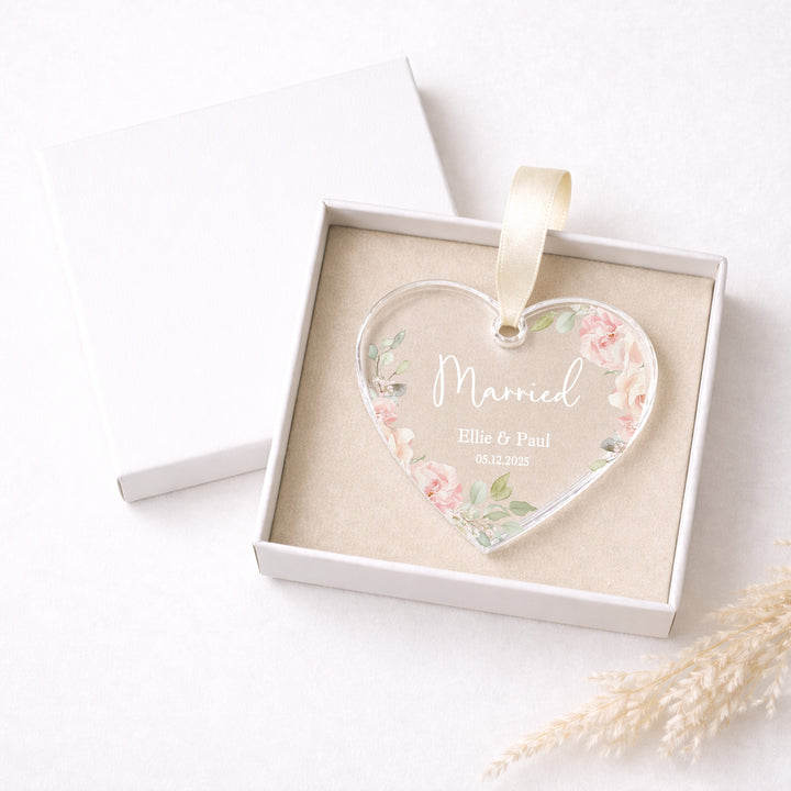 Personalised Pink Floral Heart Just Married Gift Ornament