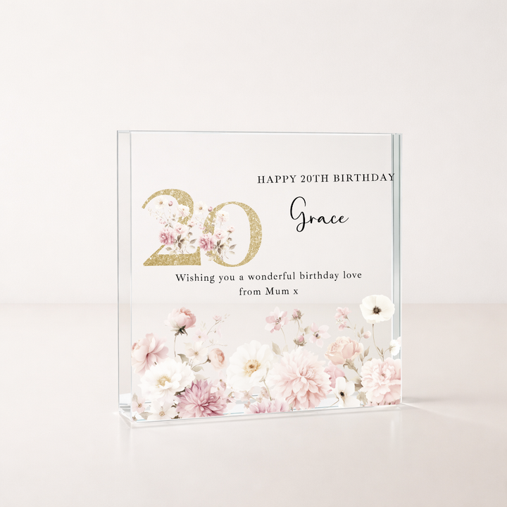 Personalised Acrylic Block Pink Floral 20th Birthday Gift